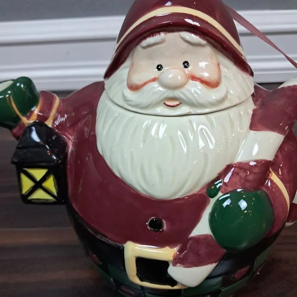 Vintage Christmas Santa Teapot Candy Cane Handle Ceramic Holiday Tea Pot Lantern